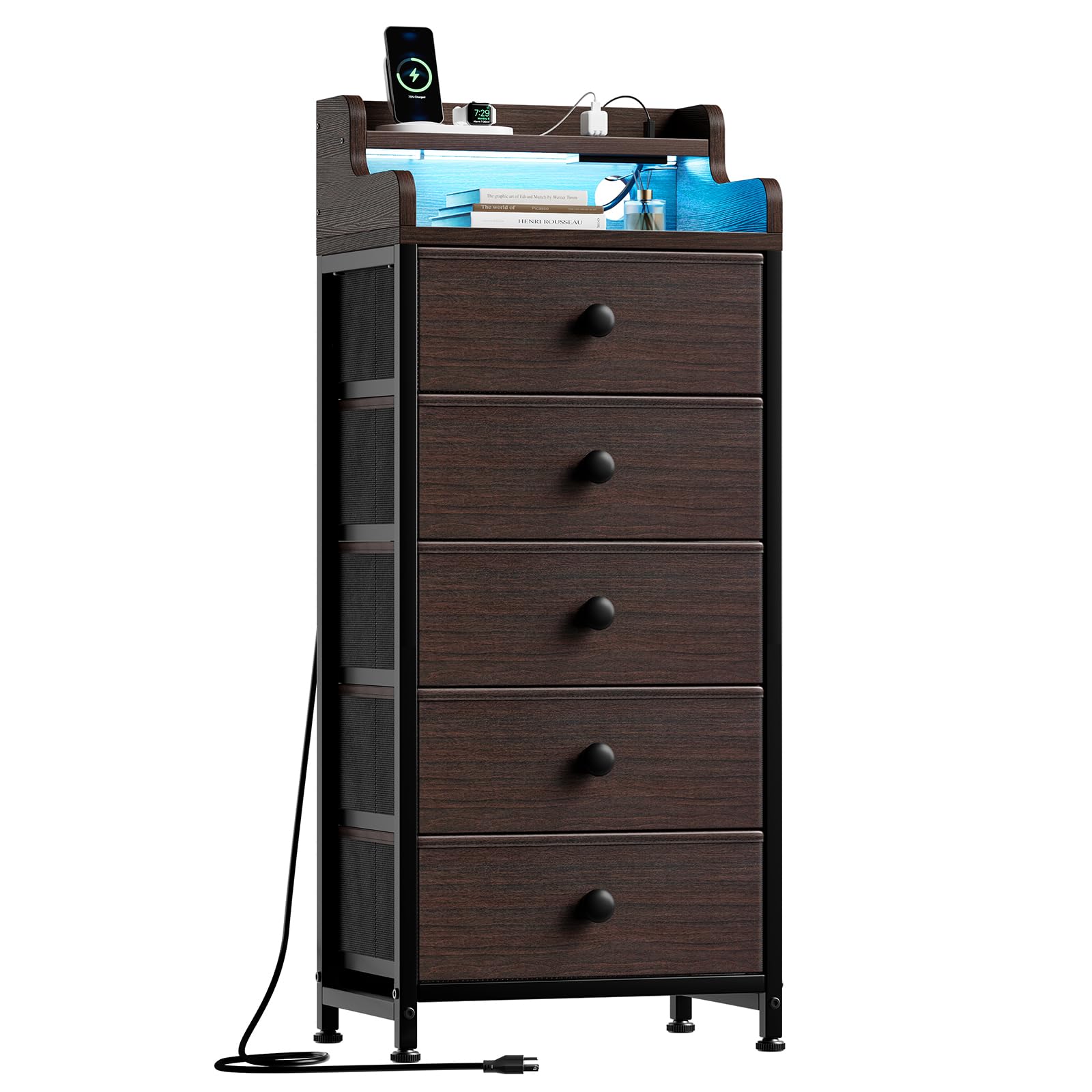 Photo 1 of REAHOME 5 Drawer Dresser for Bedroom with Charging Station and LED Lights, Brown Chest of Drawers with Shelves, Tall Night Stand with Sturdy Steel Frame & Wood Top for Bedroom - Brown