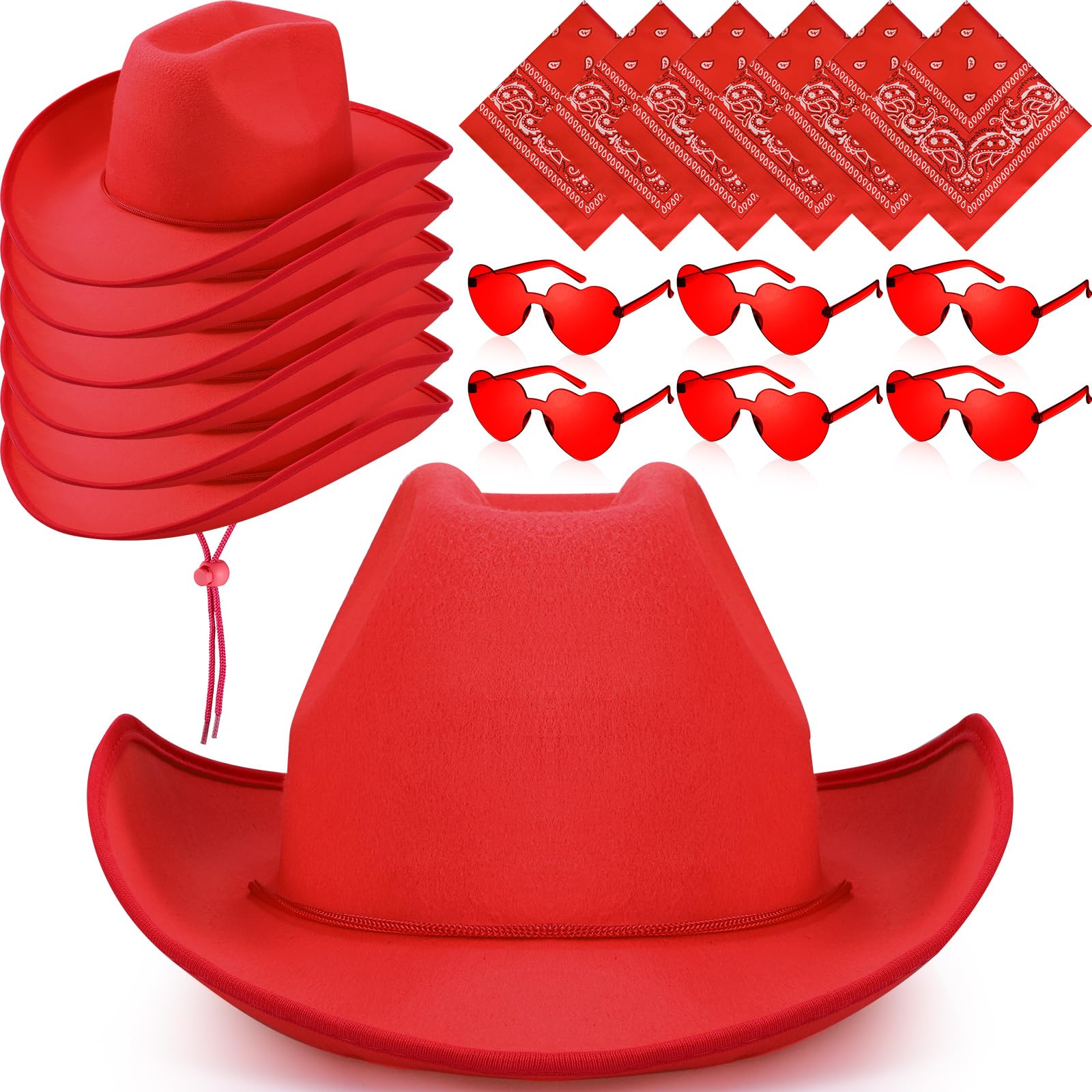Photo 1 of Coume 18 Pcs Cowboy Hat with Heart Sunglasses and Paisley Bandanas Western Cowgirl Hat for Halloween Cosplay Costume Adults(Red,Simple Style)