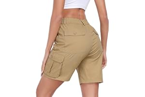 MoFiz Women's Cargo Shorts Bermuda Shorts Button Pockets Elastic Waist Knee Length Long Hiking Casual Shorts for Summer
