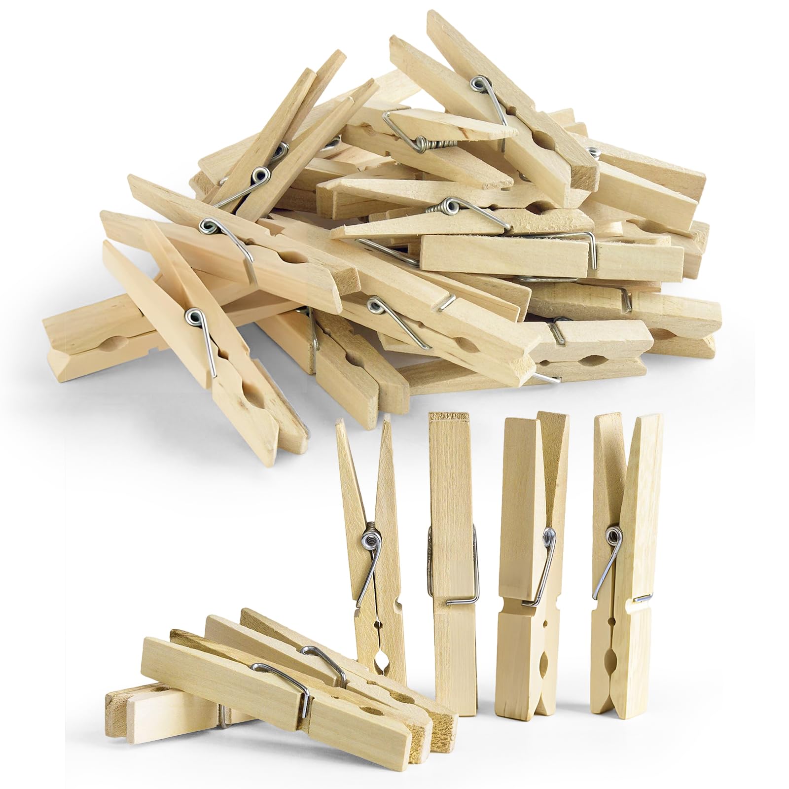102 Wooden Clothes Pegs for Washing Line | Laundry Pegs with Metal Coil Spring for Small Laundry Items | Wooden Pegs for Washing Line, DIY Projects & Woodcrafts | UK Traditional Laundry Pegs