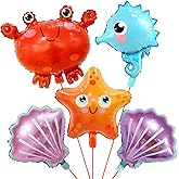 5-Pack Cute Q-Style Ocean Animal Foil Balloons - Starfish, Crab, Seahorse & Pink Purple Shell Aluminum Balloons for Under the Sea Party Decorations, Baby Shark Birthday & Ocean Themed Party Supplies