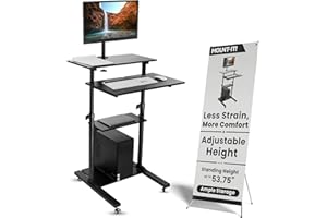 Mount-It! Mobile Computer Cart with Monitor Mount for Screen up to 32", Portable Desk on Wheels, Rolling Laptop Stand for Teachers, Office, Classroom, Rise up to 53", Podium, Keyboard Tray, Black