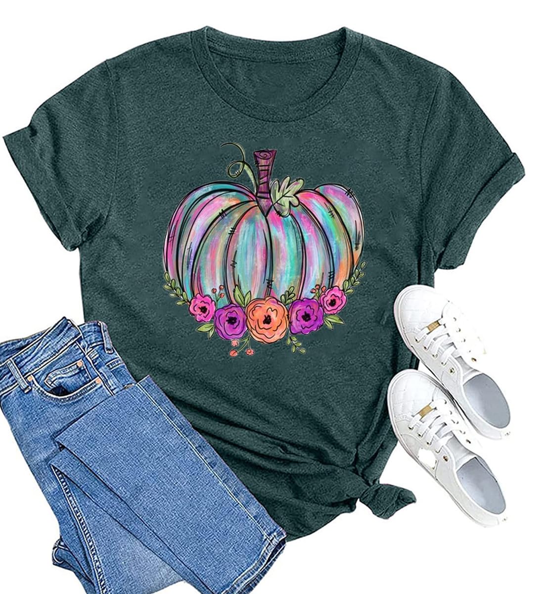 Photo 1 of Fall Shirts for Women Cute Pumpkin Graphic T Shirts Casual Tees Thanksgiving Blouse Halloween Tops(XX-Large,N-DGN101)