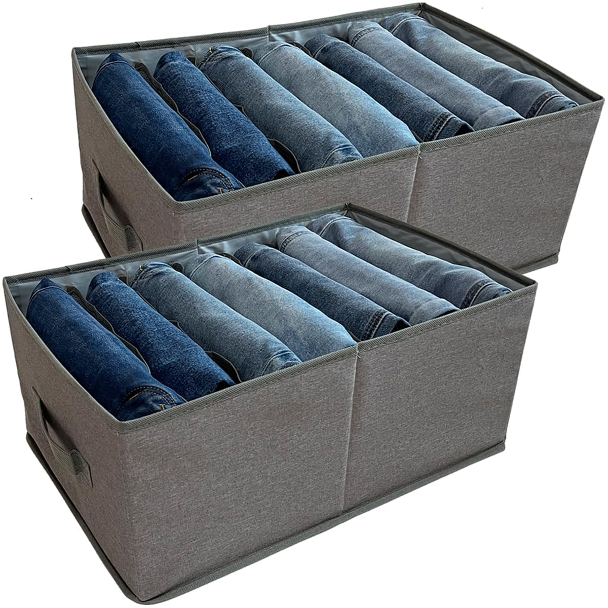 QINGGENG Extra-Large Wardrobe Storage Organiser with Dividers, Foldable Clothes Storage Box for Jeans, Trousers, Jumper, Stackable Clothing Storage Organizer with handles for bedroom, Grey, 2 Pack