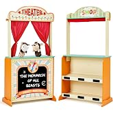 labebe - Deluxe Wooden Puppet Theater Bonus 2 Hand Puppet, ﻿2-in-1 Clock Theater Reversible Play Store, Double-Sided Lemonade Stand, Puppet Show Theater Toy with Chalkboard for Kids 36M+