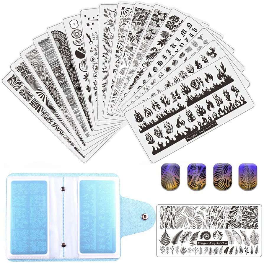 FingerAngel 16Pcs pcs Nail Stamping Kit Stamping Plates Tool Leaves Flowers Animal Image Stamp Templates Stamping Kit Nail Stamper Set with 2 Stamper + 2 Scraper + 1 Nail Plate Storage Bag V17-32