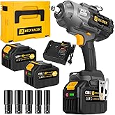 JEXUGK 1500Ft-lbs 1/2" Cordless Impact Gun, 2000Nm Impact Wrench with 2 x 6.0Ah Battery & 5 Socket, 21V Brushless High Torque Electric Pistolas de Impacto, Llave de Impacto for Heavy Truck Mower