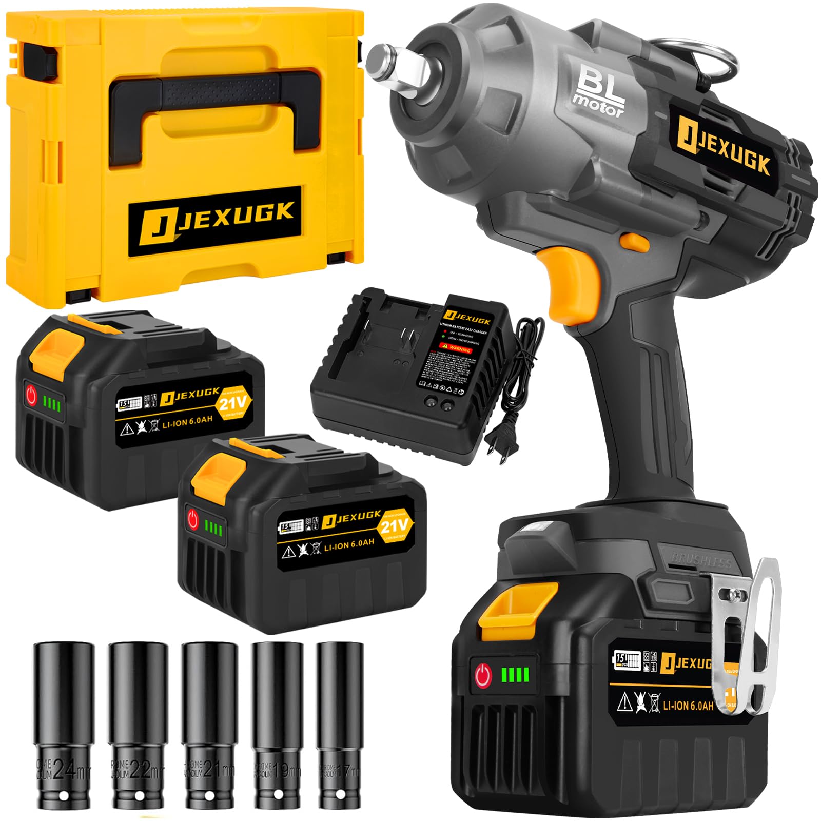 View 1 of *minor used*JEXUGK 1500Ft-lbs 1/2" Cordless Impact Gun, 2000Nm Impact Wrench with 2 x 6.0Ah Battery & 5 Socket, 21V Brushless High Torque Electric Pistolas de Impacto, Llave de Impacto for Heavy Truck Mower