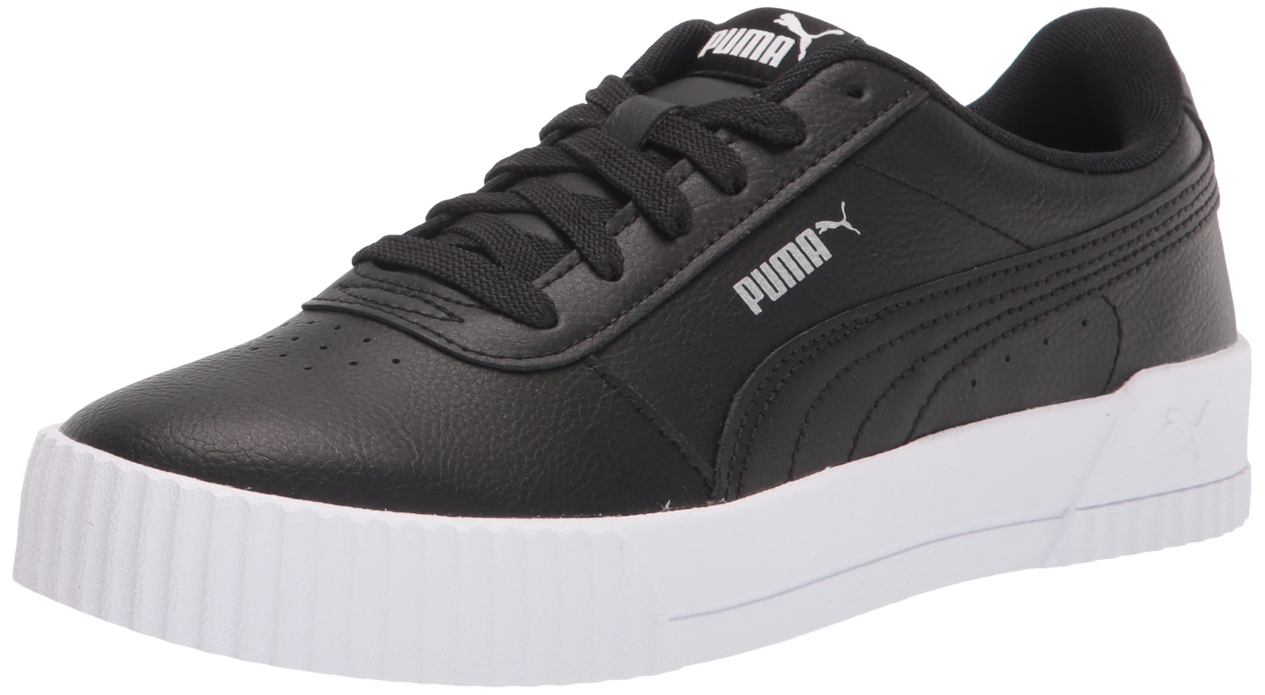 PUMA Women's Carina Leather Shoes Sneaker, Black-White-Silver,
