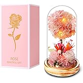 Christmas Gift Preserved Roses with LED Lighted Glass Dome, 8 inch 3D Hydrangea Tree with Pink and White Floral Arrangement,Wooden Base,for Indoor Decoration and all occasions to express love