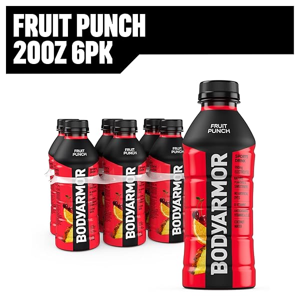 BODYARMOR SPORTS DRINK SPORTS BEVERAGE, FRUIT PUNCH, COCONUT WATER HYDRATION, NATURAL FLAVORS WITH VITAMINS, POTASSIUM-PACKED ELECTROLYTES, PERFECT FOR ATHLETES, 20 FL OZ (PACK OF 6)