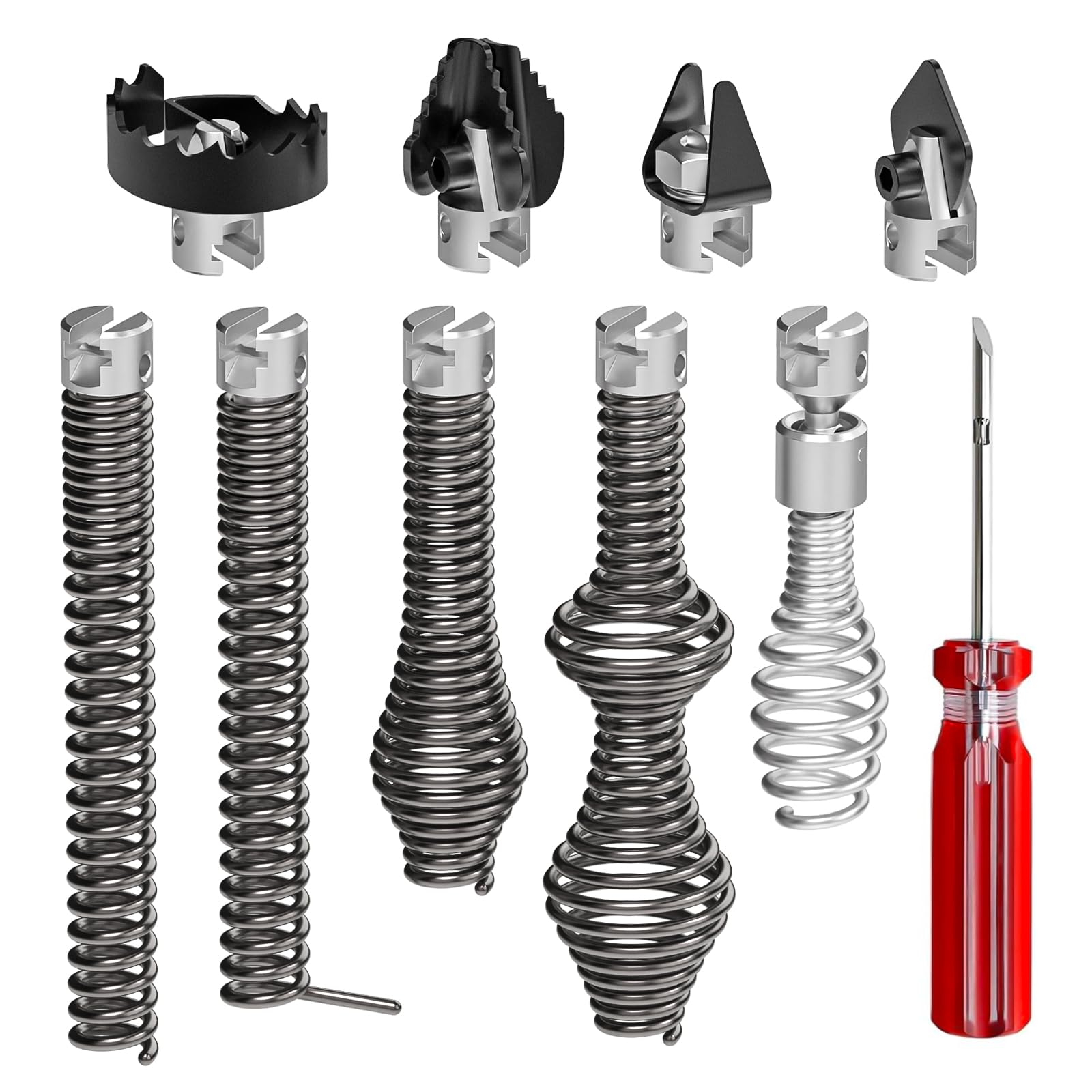 Photo 1 of 10Pcs Drain Snake Drill Attachment, Includes 4 Cutters and 5 Spirals, Drain Auger Cutter Kit, Compatible with K-400,C-4,C-6,C-7,C-8,and C-9 Models