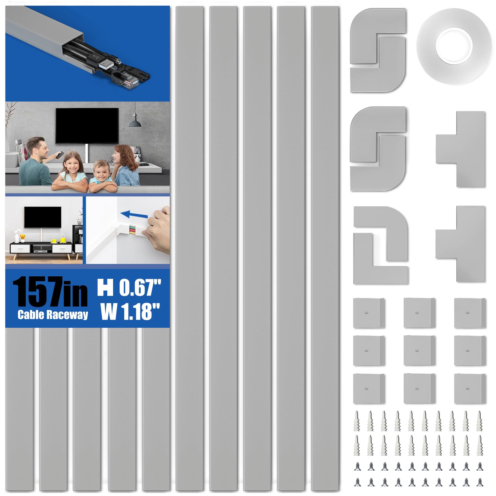 Photo 1 of Delamu 157in Cord Hider, Cord Cover Wall Cable Management, Paintable Wire Cover for Cords, Cable Hider Raceway Kit, Cable Cover Concealer, Wire Hiders for TV on Wall, 10 X L15.7 W1.18 H0.6in, Grey