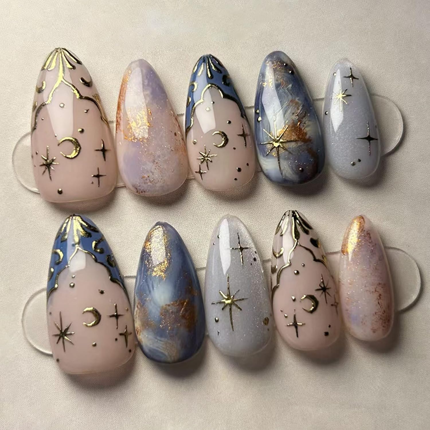 Photo 1 of 24pcs Almond Press on Nails Medium with Shiny Star Moon Design French False Nail Patch Gold Star Full Cover Stick on Nails Wearable Handmade Ins Fake Nail Tips for Girl Gifts
