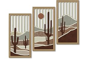 Putuo Decor Western Style Framed Wall Art Set of 3, Abstract Desert Cactus Cut-Out Panels in Earth Tone, Rustic Western Home 