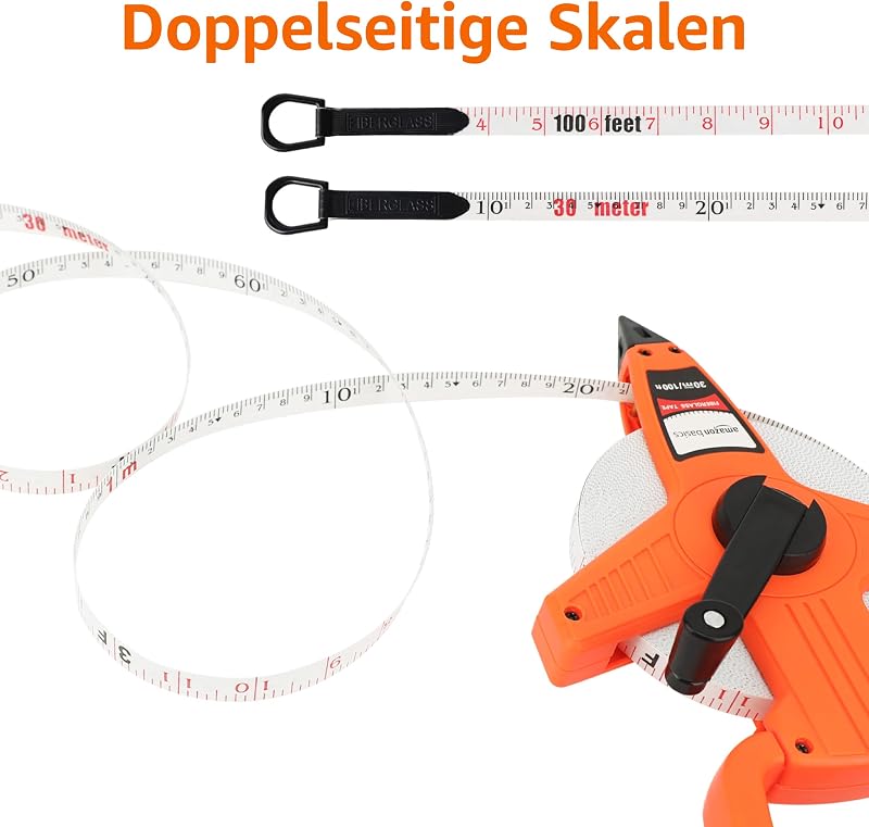 Offenes Rollbandmaß, Glasfaser, 100 Fuß (30 m) , Skala, stoßfestes Gehäuse, Orange