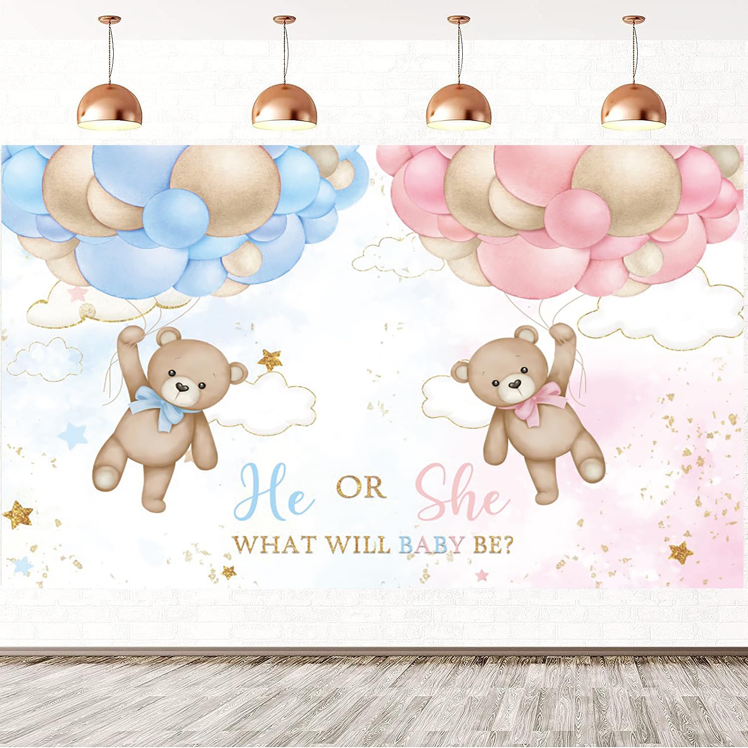 10x6.5FT Gender Reveal Backdrop Bear Balloons Blue or Pink He or She What Will Baby Be Photography Background Gender Reveal Party Cake Table Decorations Banner Photo Booth Props
