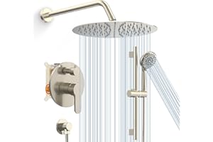 SR SUN RISE 12 Inch Rain Shower System, High Pressure Shower Heads and Handheld 6-Spray Combo Set Slide Bar Shower Faucets Sets Complete Included Valve and Trim Kit for Bathroom, Brushed Nickel