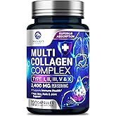 Multi Collagen Peptides Supplement for Hair, Nail, Skin - Type I, II, III, V, X, Collagen Powder Pills - Grass-Fed, Hydrolyzed for Bone and Joint Support for Women & Men, Non-GMO - 120 Capsules
