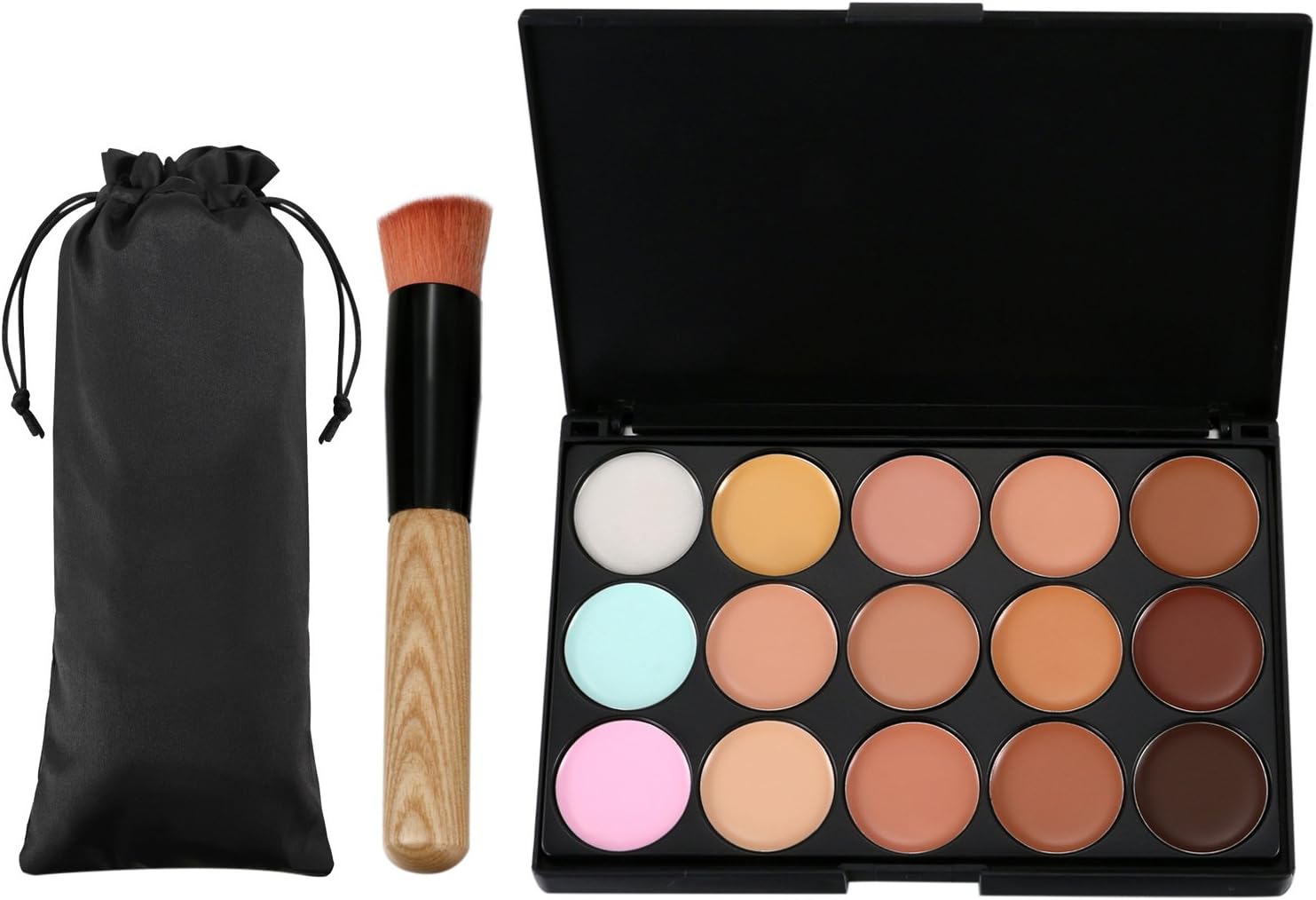 Vtrem 15 Colors Camouflage Concealer Palette Professional Contour Eyeshadow Face Cream Makeup Foundation Kit Combination with Powder Brush for Professional and Daily Use