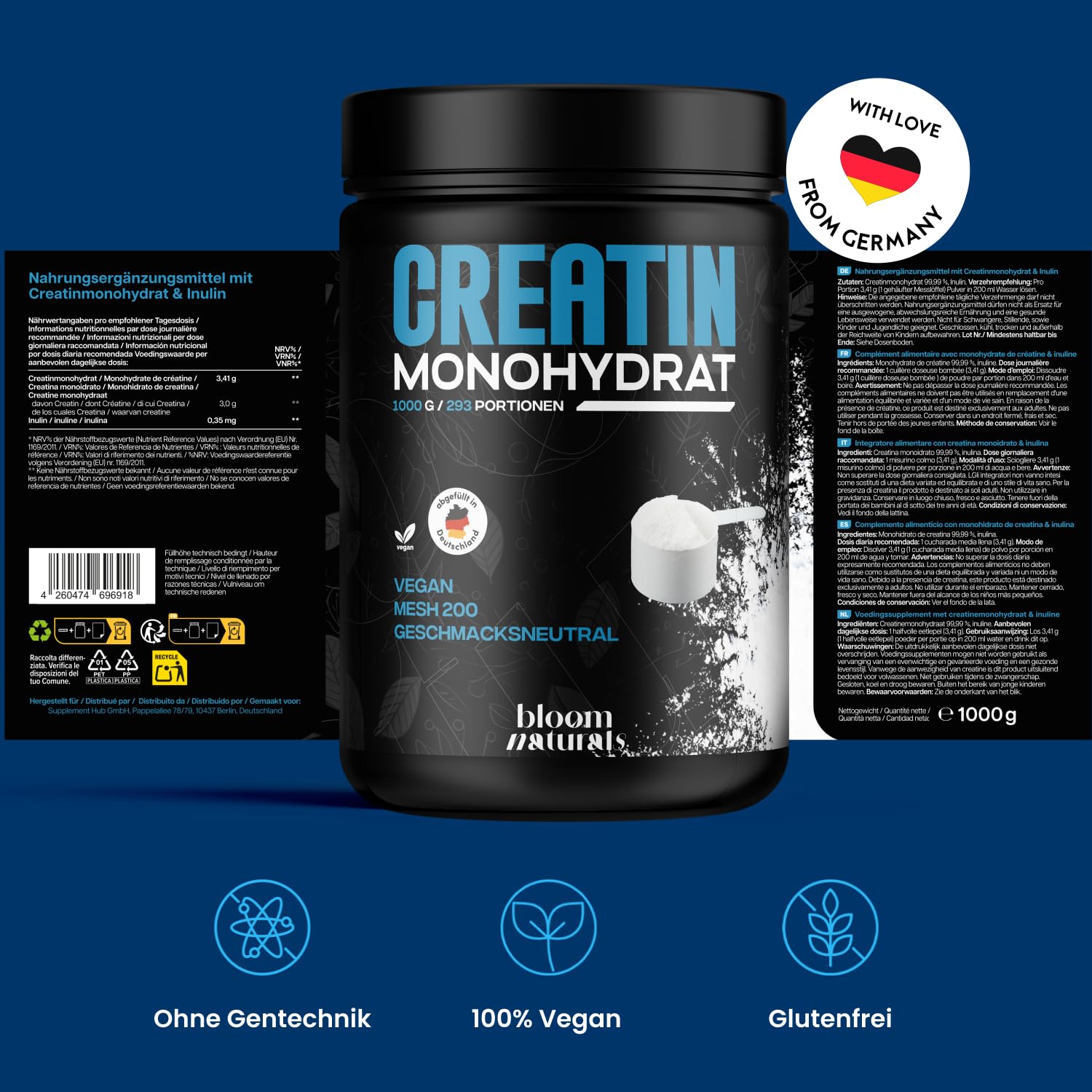Creatin Monohydrat Pulver 1kg / 1000g - Ultra Reines Kreatin Monohydrat mit Inulin -Hochdosiert - Extrapure Creatine Monohydrat - Creatin Pulver Monohydrate - Vegan Laborgeprüft 5