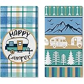 Croar Happy Camper Kitchen Dish Towels Set of 2, Camping RV Adventure Travel Mountain Tree Drying Hand Towel Baking Cooking Cloth, Campsite Buffalo Plaid Bathroom Home Decoration 18'' x 26''