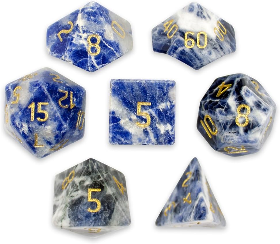 Wiz Dice Handmade Stone Dice - Polyhedral Dice Set for Tabletop RPG Adventure Games with a Dice Bag - DND Dice Set, Suitable for Dungeons and Dragons and Dice Games Alike - Sodalite - 7 ct