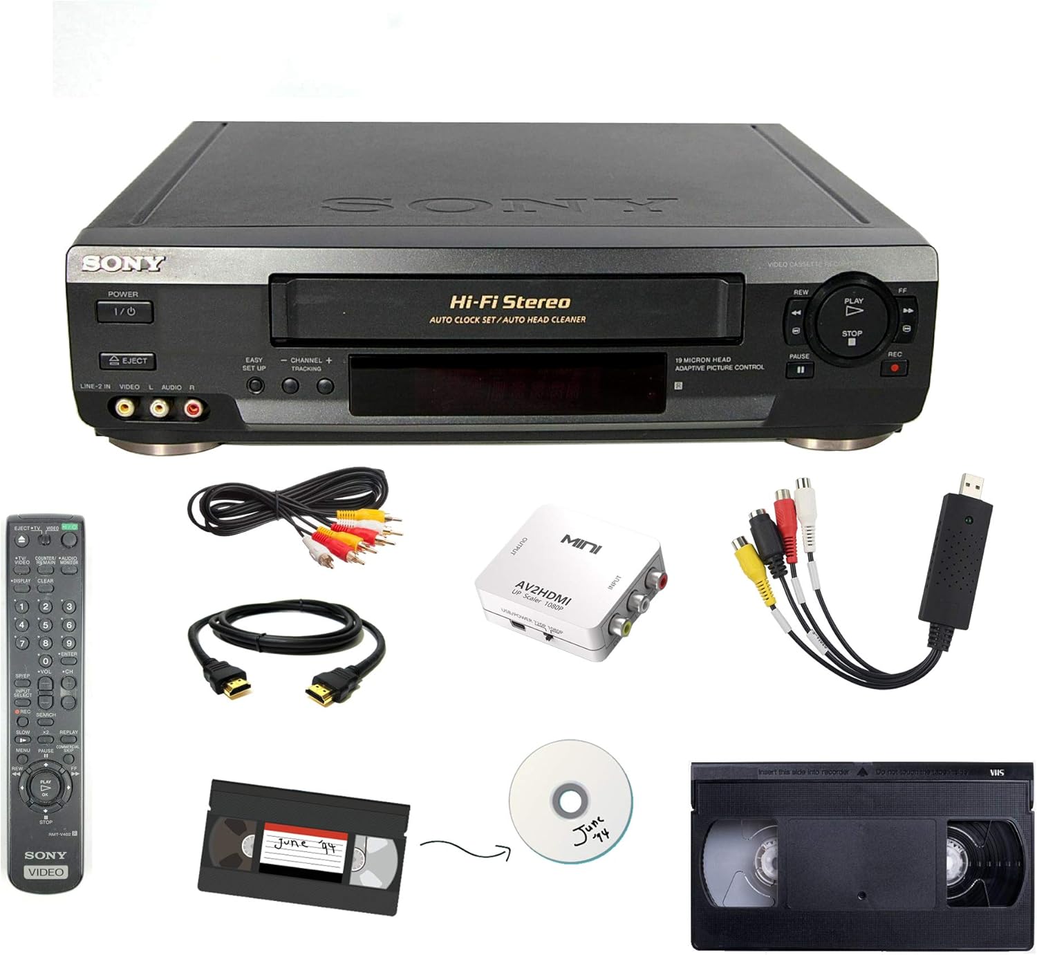 Sony VCR VHS Transfer Bundle w/ Remote, USB Adapter, HDMI