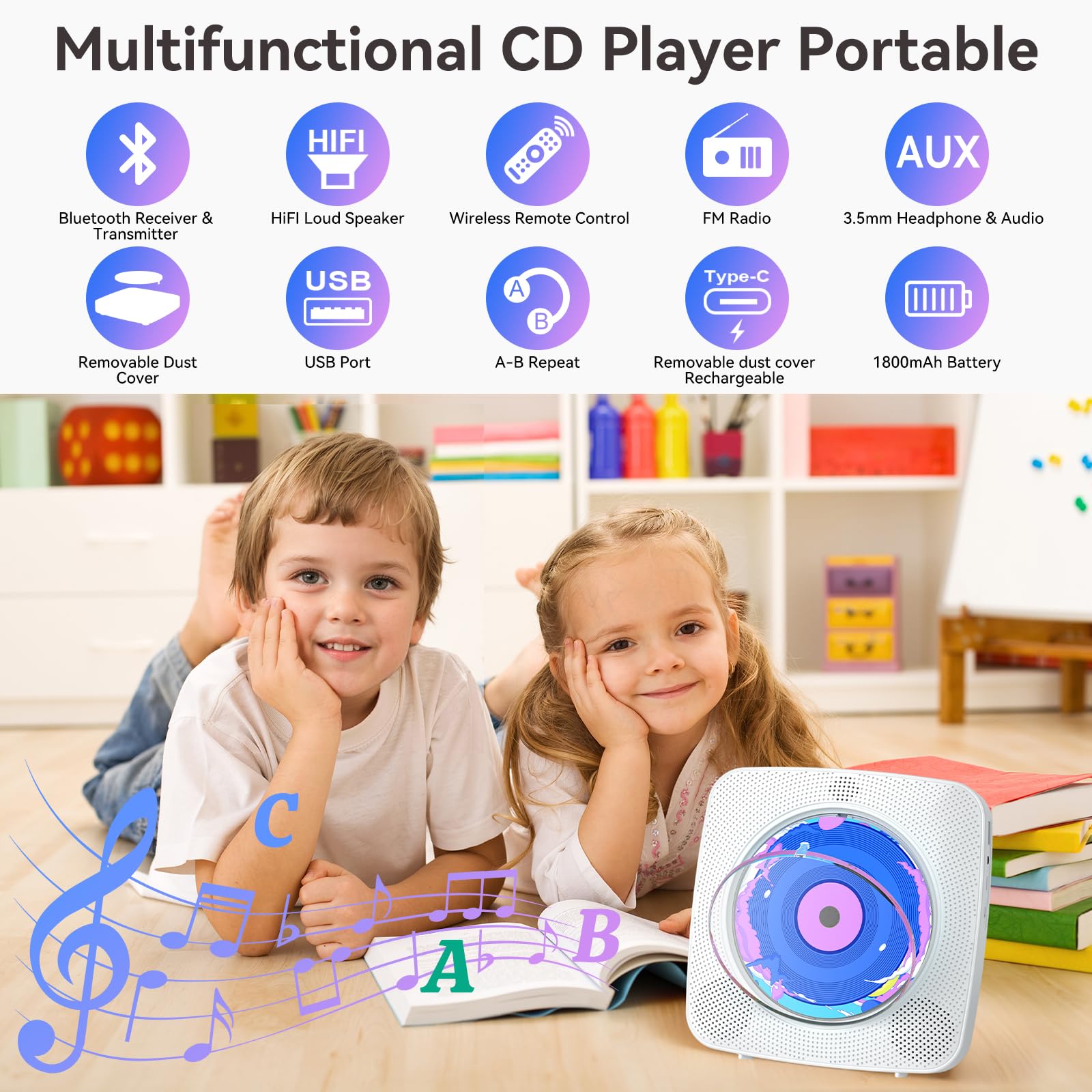 CD Player Portable Bluetooth Rechargeable: CD Players for Home with 1800mAh Kegaudio Desktop Wall CD Player with Speakers FM Radio USB Remote Control