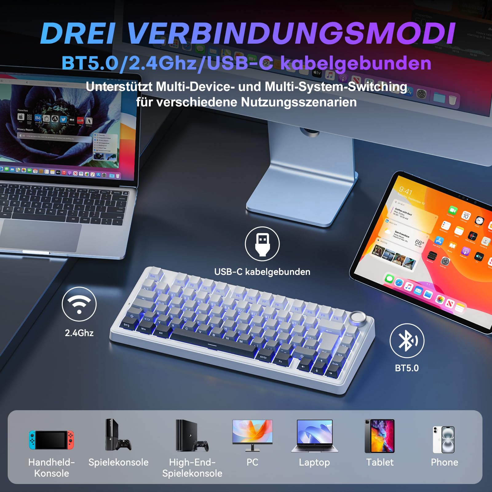 TECURS 75% Gaming Tastatur Kabellos, DREI-Modus 2.4GHz/BT5.0/Type-C RGB Rote Schalter Mechanische Tastatur, Hot Swap, Seitliche Gravur PBT-Tastenkappen mit Drehknopf, QWERTZ (Gradient Grau) 3