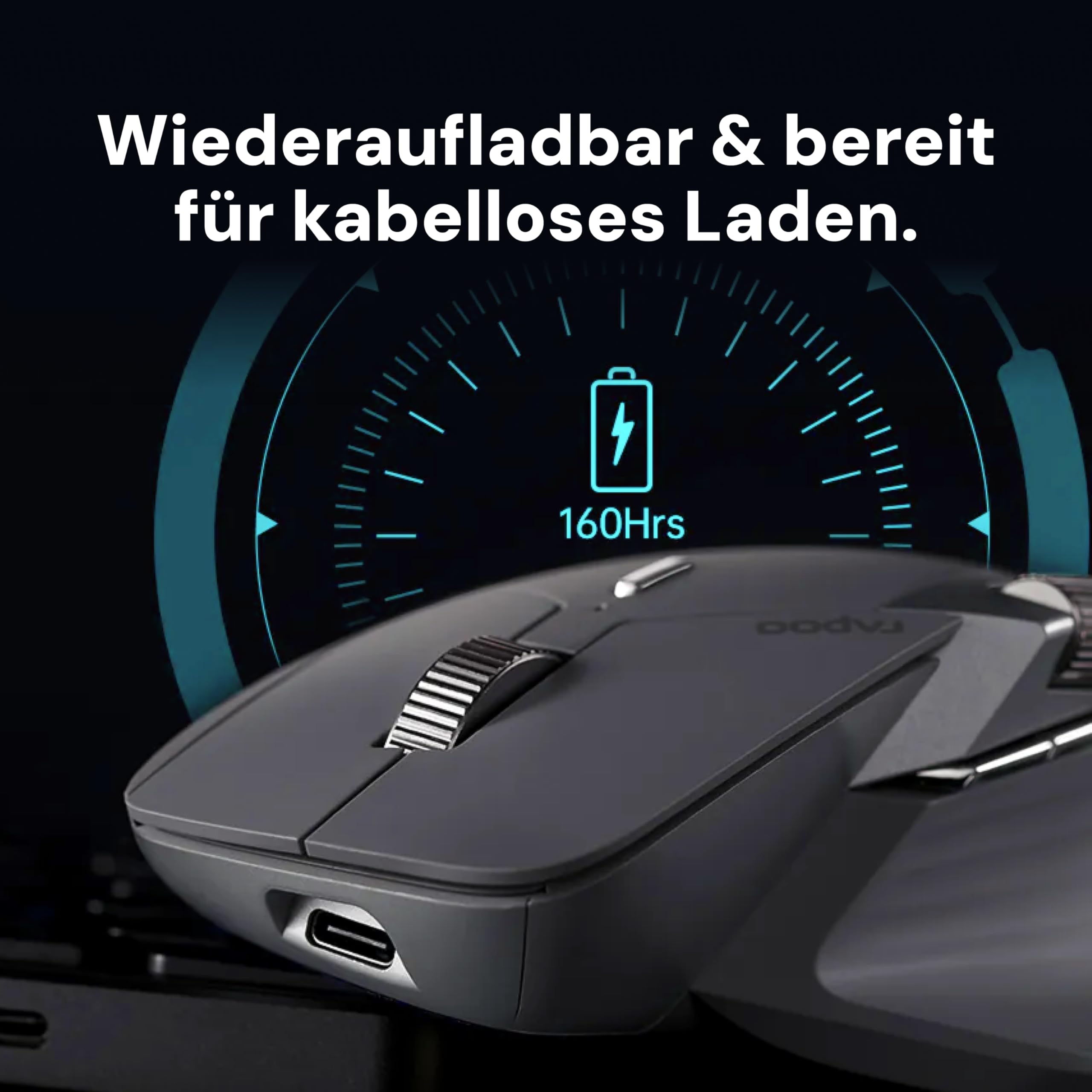 Rapoo MT760L wireless Mouse silent - USB Wireless 2.4G und Bluetooth Maus kabellos, bis 4000 DPI, leiser klick, Multi Device, Daumenscrollrad, Akku, für PC, Mac, grau-schwarz 9