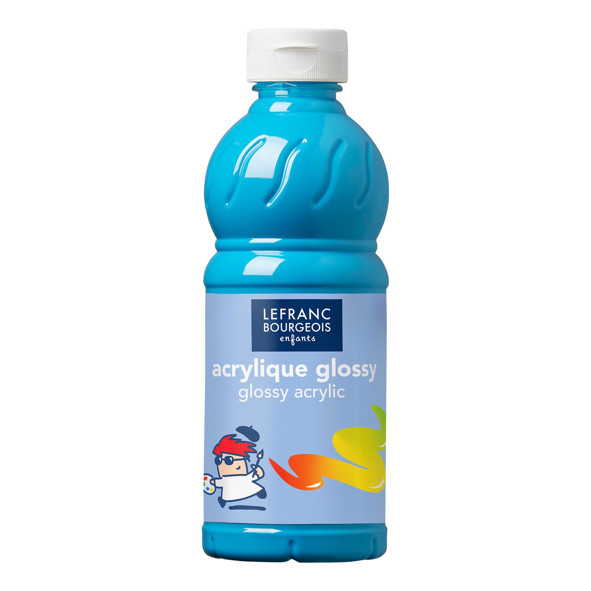 Lefranc Bourgeois 188147 Glossy Children's Acrylic Paint, Ready-to-Use Liquid Acrylic Paint, Glossy and Waterproof, Ideal on Paper, Cardboard, Wood, Plaster, Metal, Plastic, 500 ml Bottle - Turquoise Blue