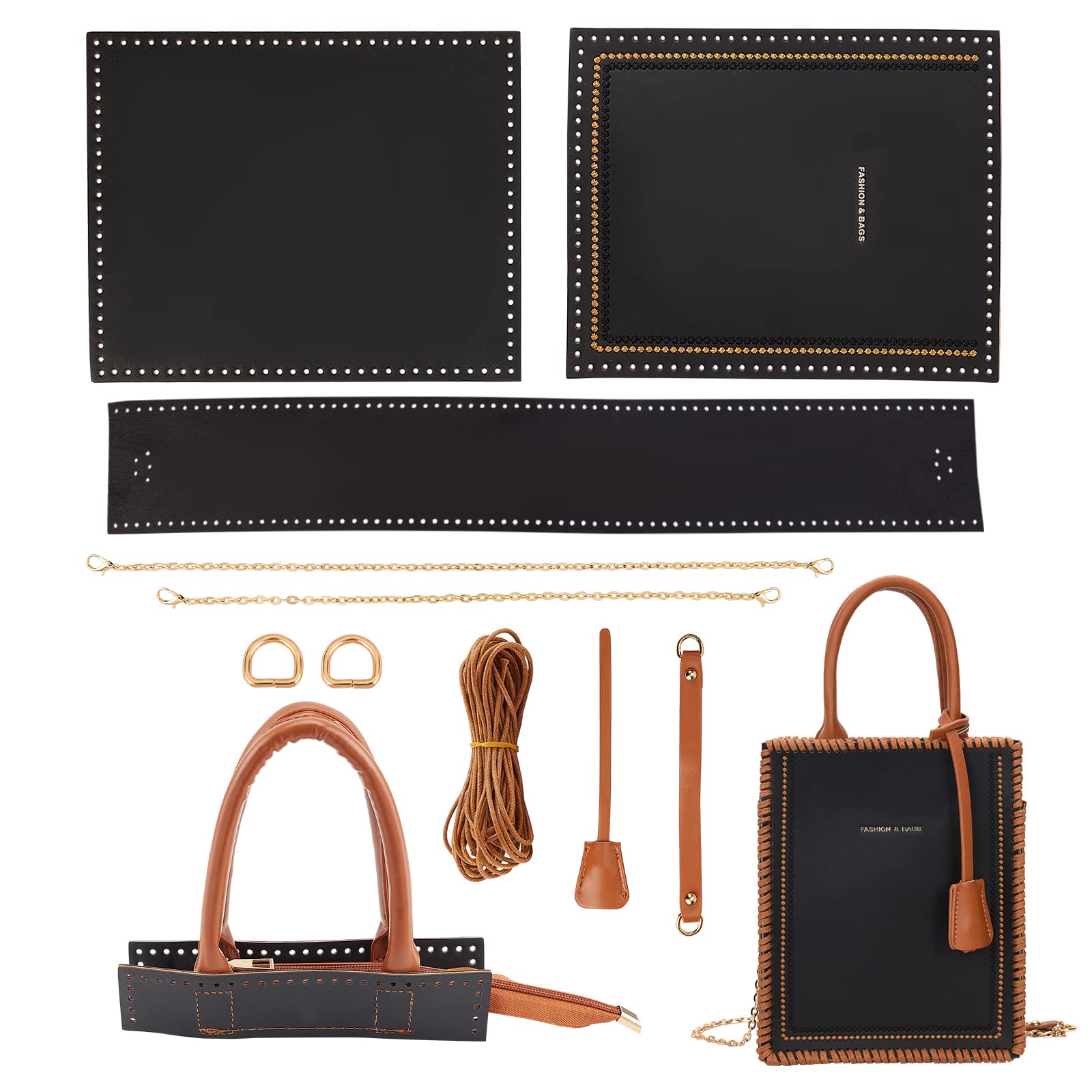 WADORN 15pcs Leather Knitting Crochet Bags Making Kit, DIY Leather Craft Bag Sewing Material Handbag Making All Accessories Purse Cross Stitch Kits Bag Making Supplies,18 x 22cm(Black)