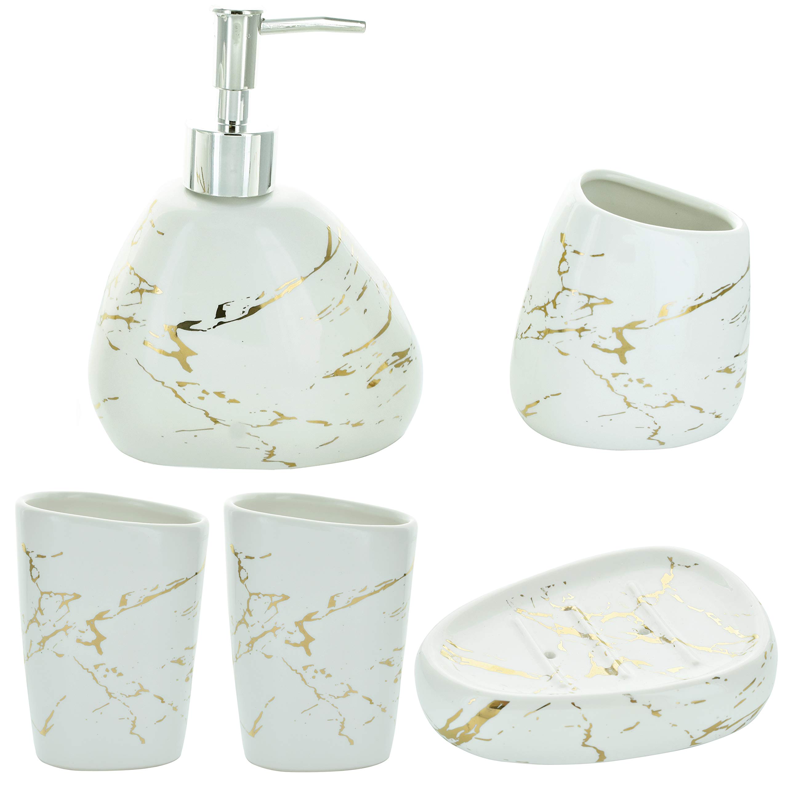 G Decor Designer 4-Piece Matt Cream White and Silver Marble Effect Ceramic Bathroom Accessory, Includes Liquid Soap or Lotion Dispenser, Toothbrush Holder, Tumbler, Soap Dish (White and Gold Marble)
