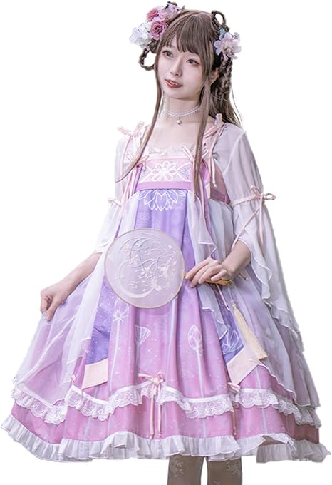 Amazon 中華風ガーターjskロリータドレス日常服ゴスロリワンピース 復古人形師 ロリィタ Op 膝丈 Lolita クリスマスコスプレ学生可愛い姫系少女ワンピ漢服蝶結び付き トップスシャツ２点セット ピンク L コスプレ 仮装 通販
