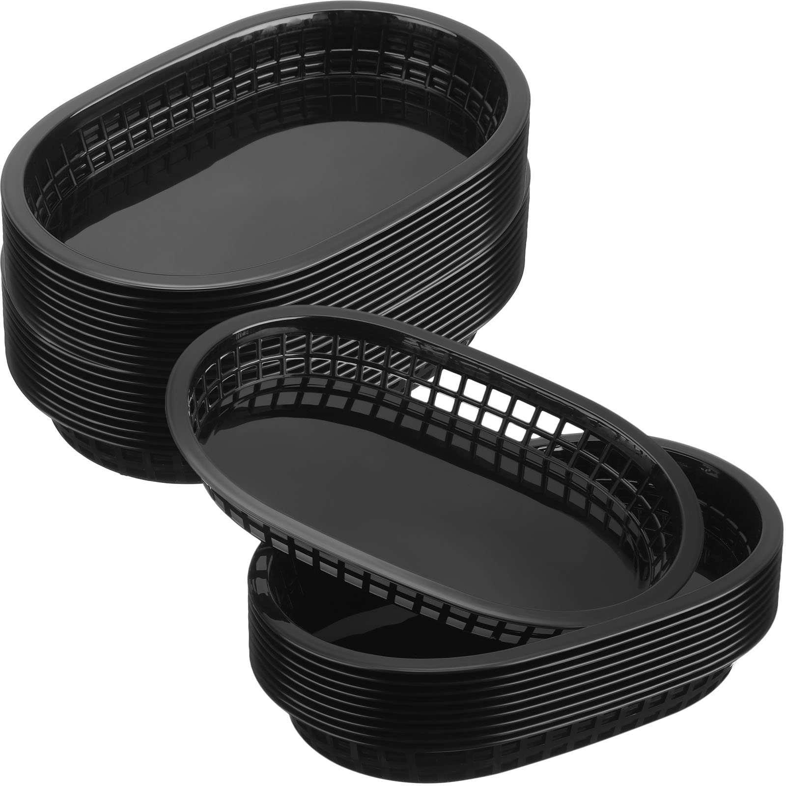 Photo 1 of 60 Pcs fast food basket for Serving 10.5" x 7" plastic Oval Retro Storage basket plates Bin Food Service Tray for Restaurant Chip Hot Dog Burger Sandwiches Picnic Party(Black)