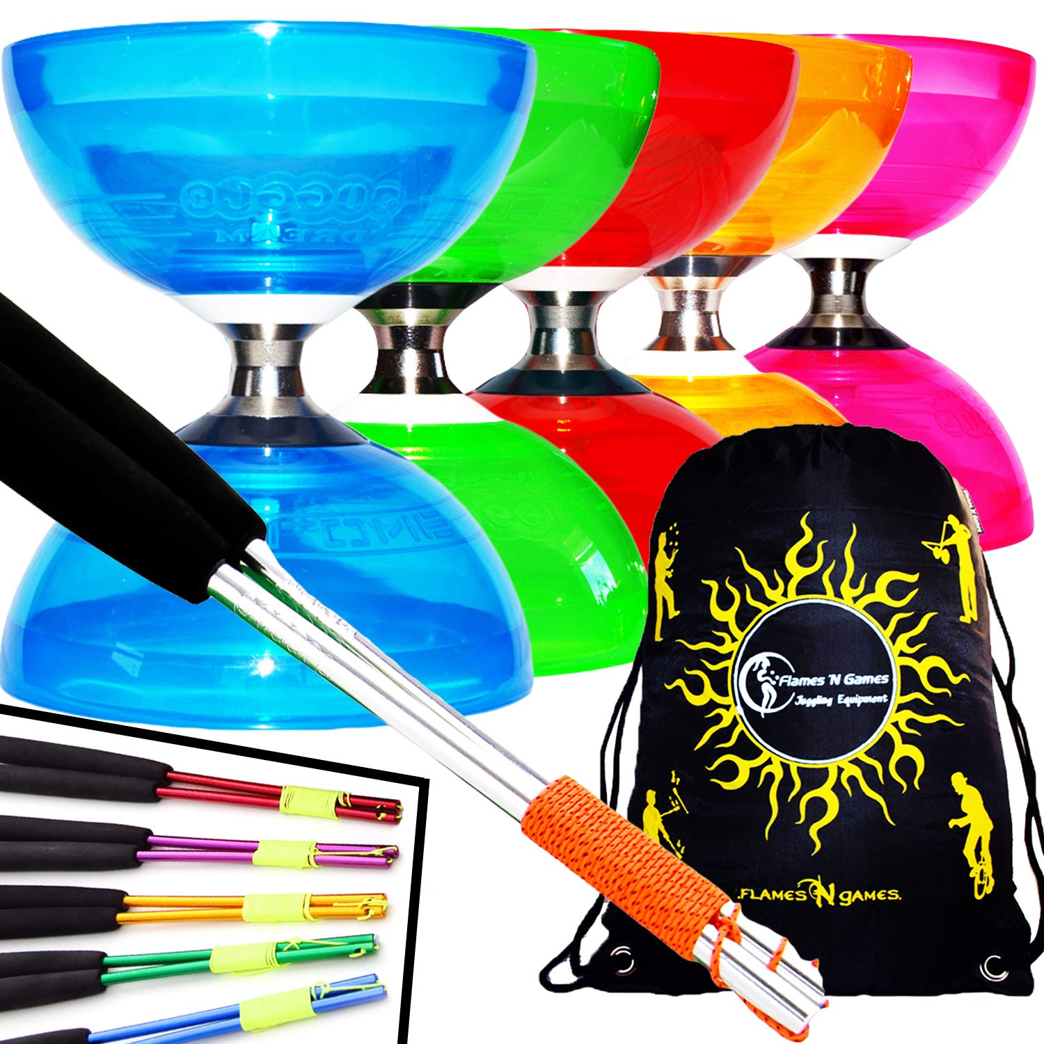 Cyclone QUARTZ II Pro Diabolo Set (6Colours) Triple Ball Bearing Clutch Diabolos + Matching Coloured Ali Metal Handsticks, Diablo String & Bag! (Purple Diabolo + Silver Handsticks)