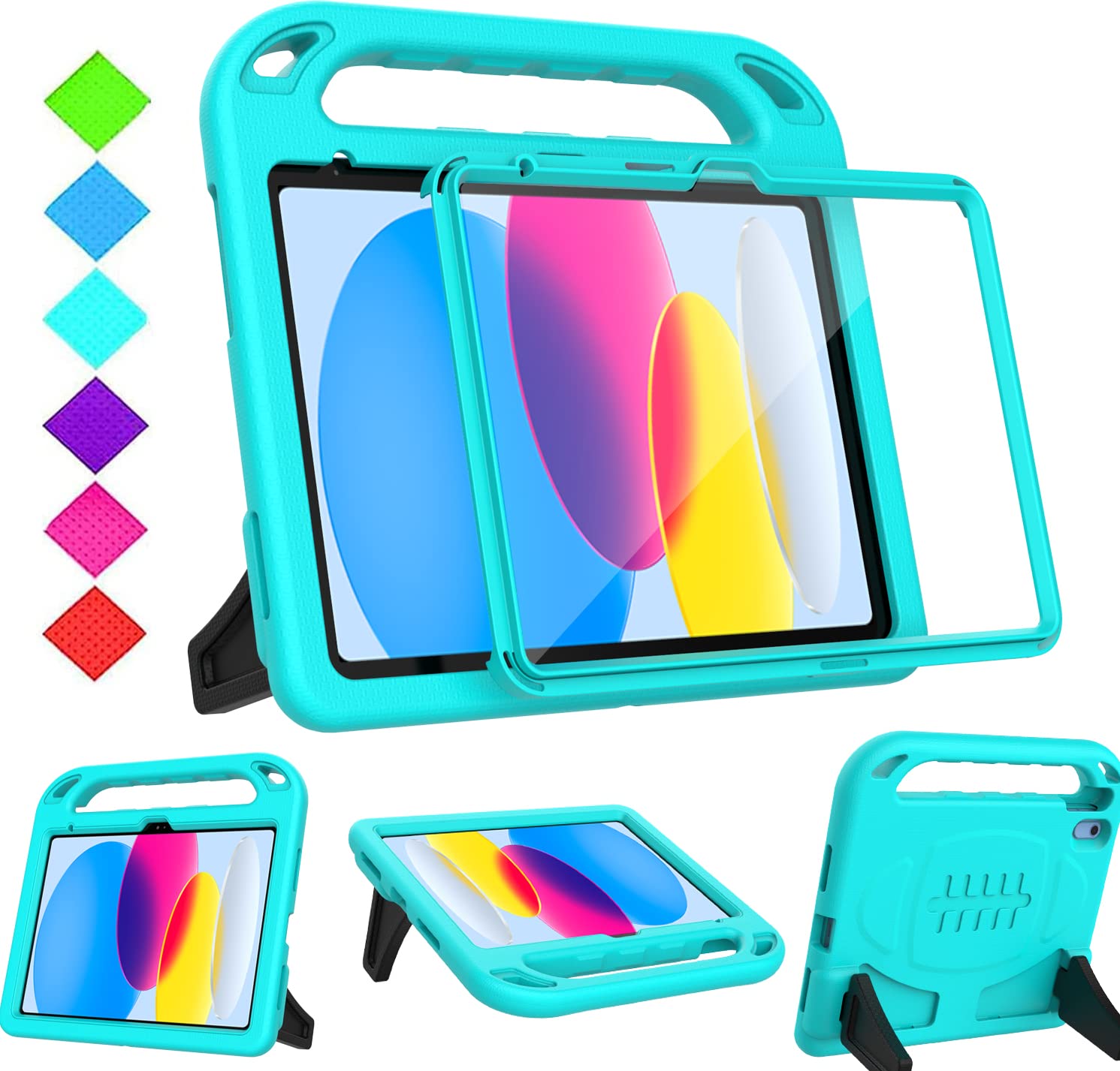 Surom Kids Case for iPad (A16) 11th Generation (11-inch, 2025)/iPad 10th Generation (10.9-inch, 2022), with Built-in Screen Protector, Shockproof Light Weight Handle Stand Case for Kids, Turquoise