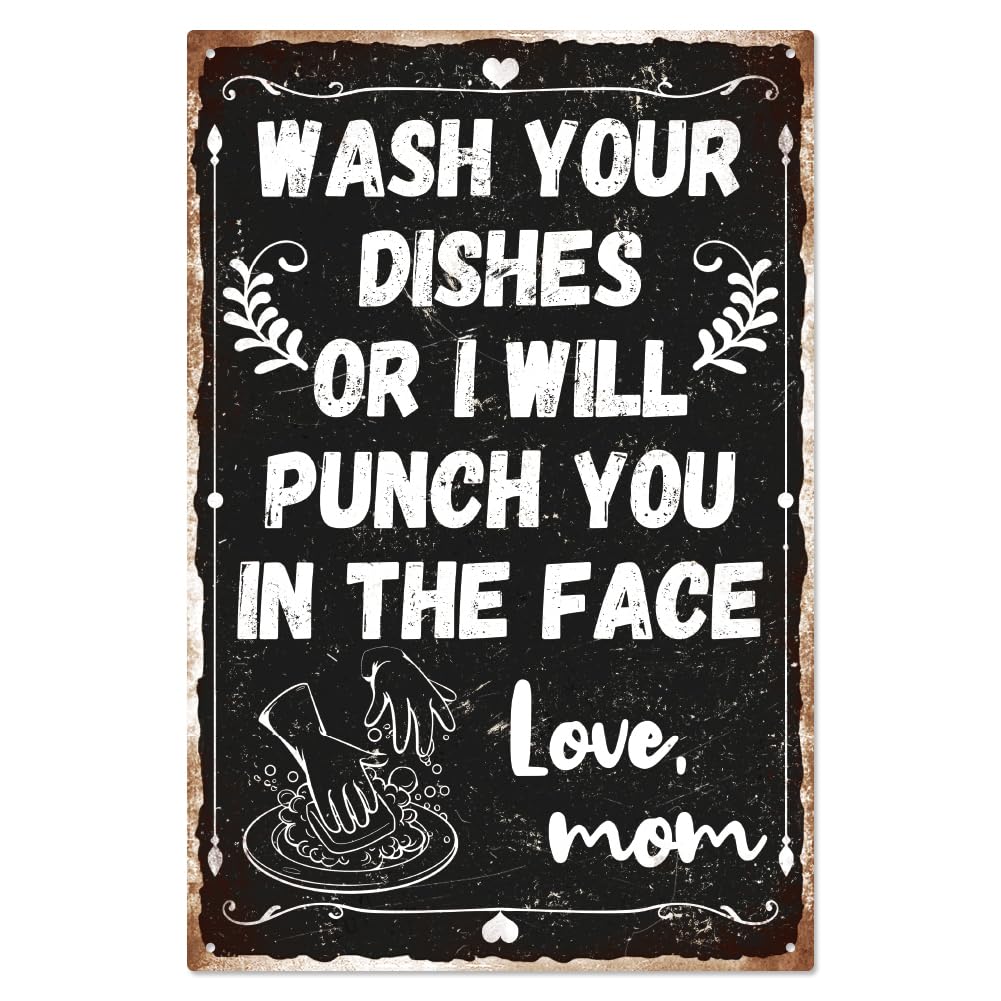 WADORN Funny Sarcastic Metal Tin Sign, Wash Your Dishes Or I Will Punch You In The Face Funny Metal Signs Kitchen Painting Wall Art Poster Plaques Decor for Home Bar Cafe Kitchen Decor, 7.8x11.8 Inch