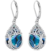 Odinstone 925 Sterling Silver Earrings Tree of Life Teardrop Moonstone Dangle Drop Leverback Earrings for Women