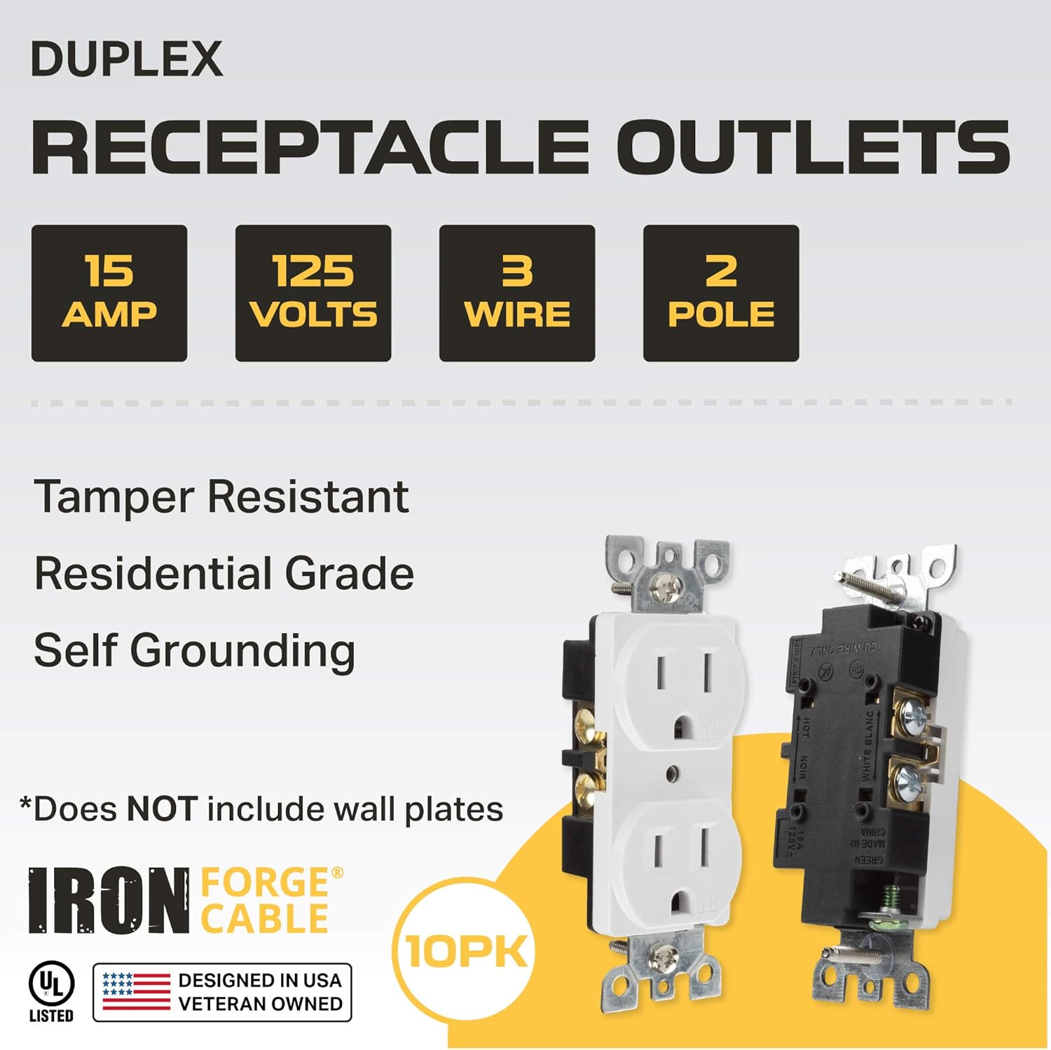 Duplex Receptacle Outlet, 10 Pack - Tamper Resistant 3 Prong Electrical Wall Outlets - 15 Amp, 125 Volt, 3 Wire, Self-Grounding, UL Listed - - 