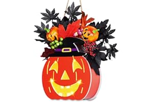 TURNMEON [Timer & Lighted]Halloween Wreath Pumpkin Sign Halloween Door Decor 3D Jack-O-Lantern 2 in 1 Hanging & Tabletop Halloween Sign with Maples Leafed Berried Witch Hat Halloween Decor for Door Window Wall