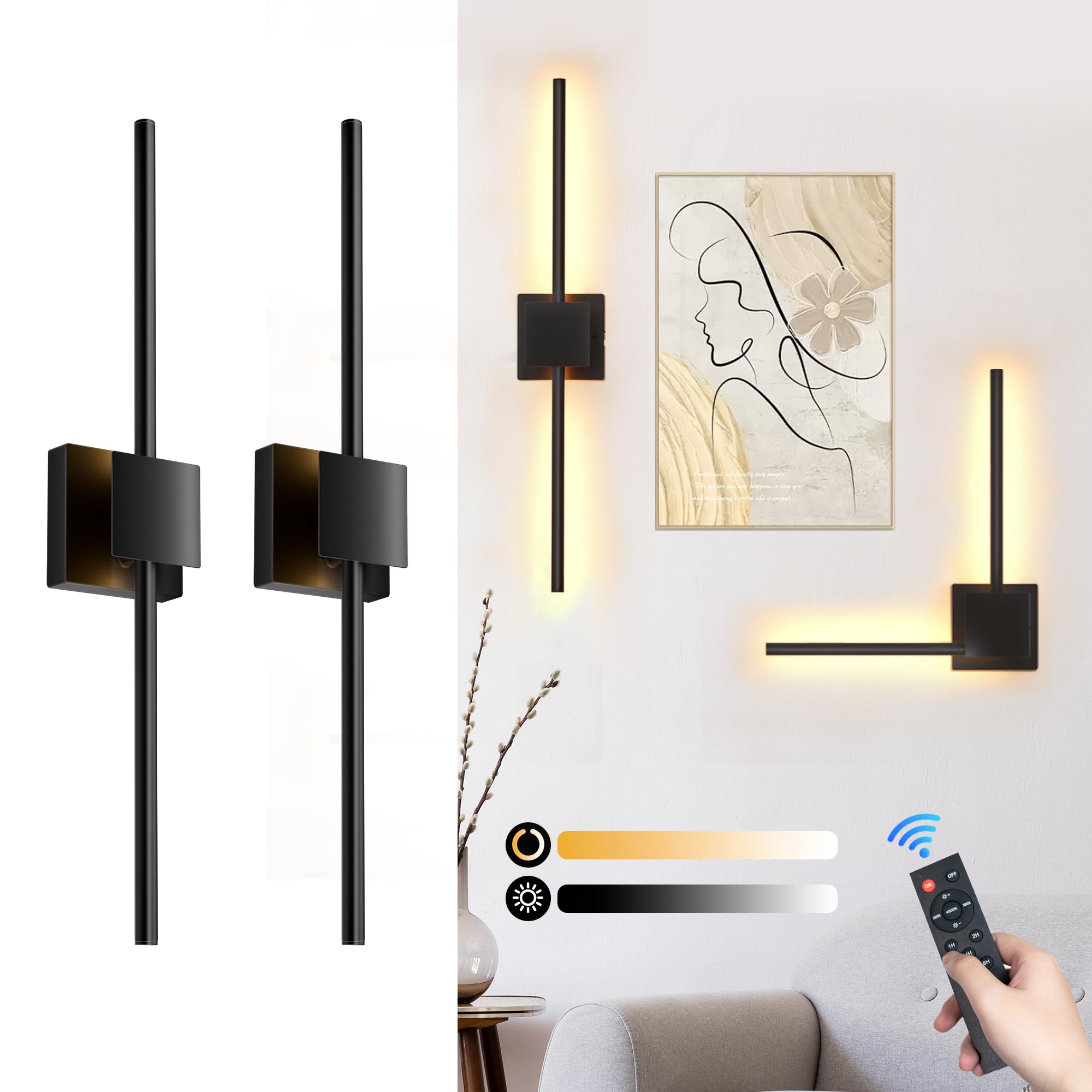 Photo 1 of Battery Operated Wall Sconces Set of 2, ???????? 12000mAh Rotatable Picture Lights with Remote Control, Dimmable 3000-6500K LED Rechargeable Wall Lights for Living Room Bedroom Mirror, 28.3In