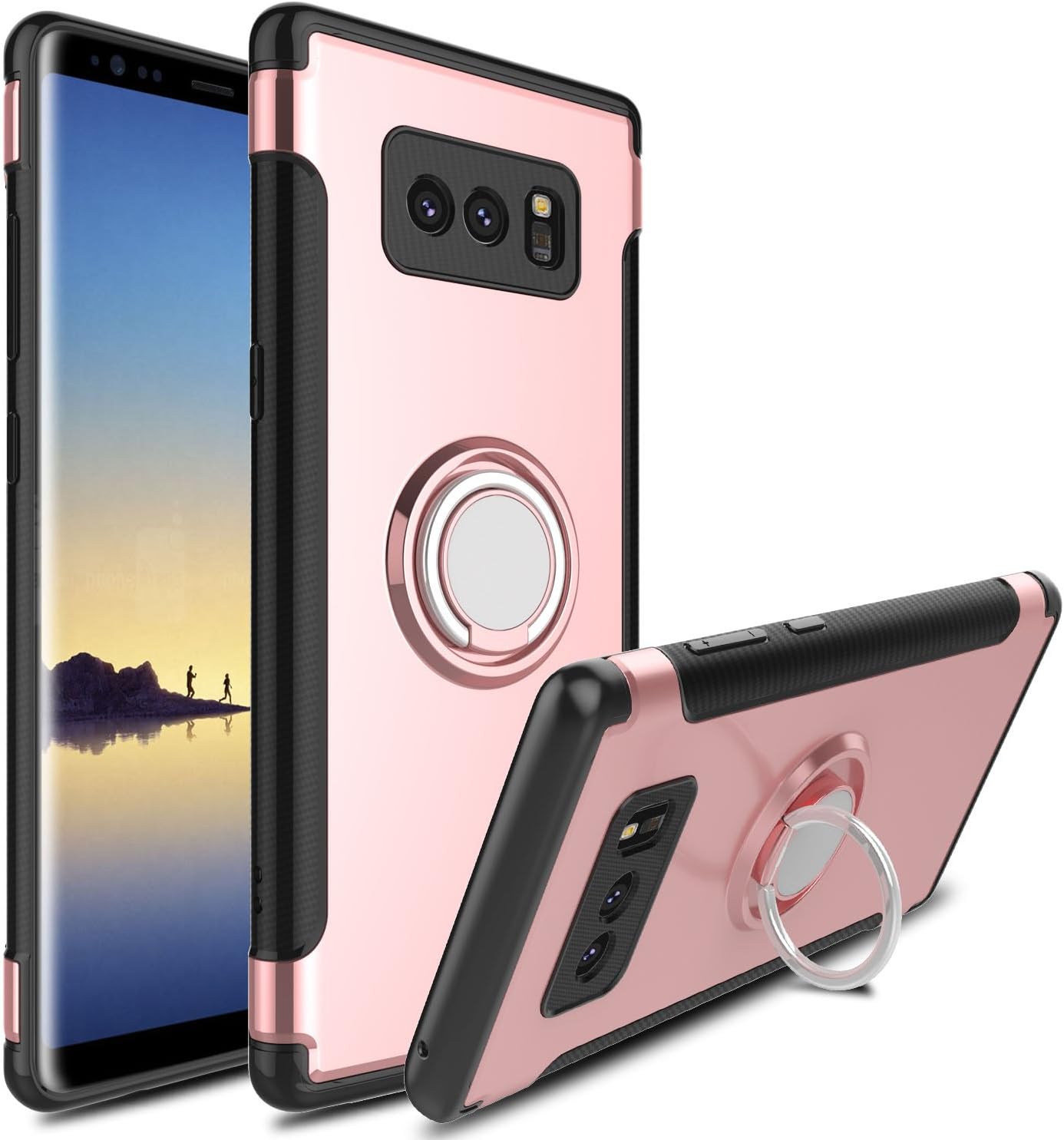 DONWELL Compatible Samsung Galaxy Note 8 Case, Hybrid Dual Layer Shock-Absorption Anti-Scratch Slim 360 Degree Rotation Ring Holder Armor Protective Cover Kickstand Case with Magnetic (Rose Gold)