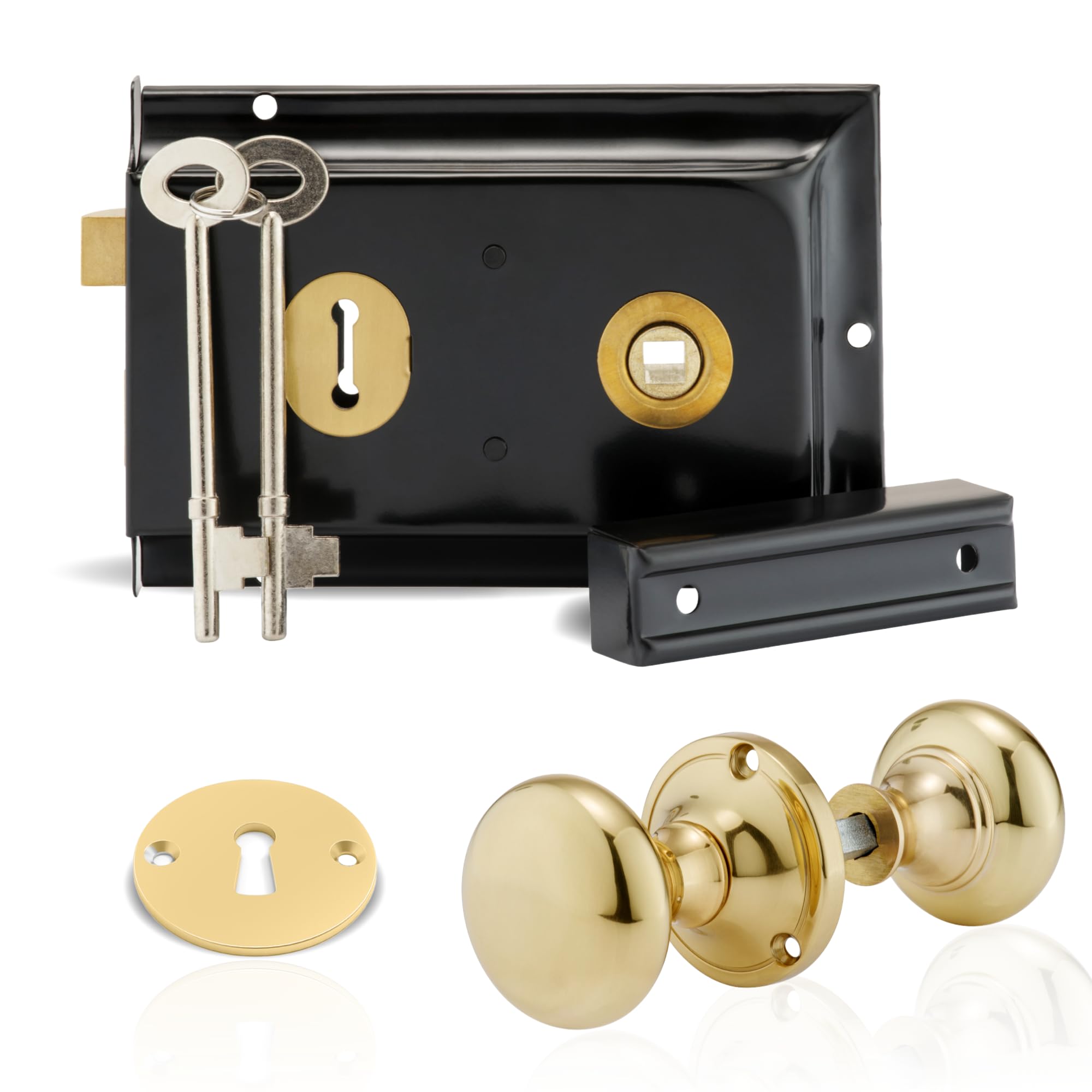 XFORT Premium Range 6"x 4" Traditional Black Rim Lock Set with Polished Brass Rim Knob, Surface Door Lock with Latch, Shed Lock with Key, Vintage Garden Gate Lock, for External Sheds, Gate or Doors