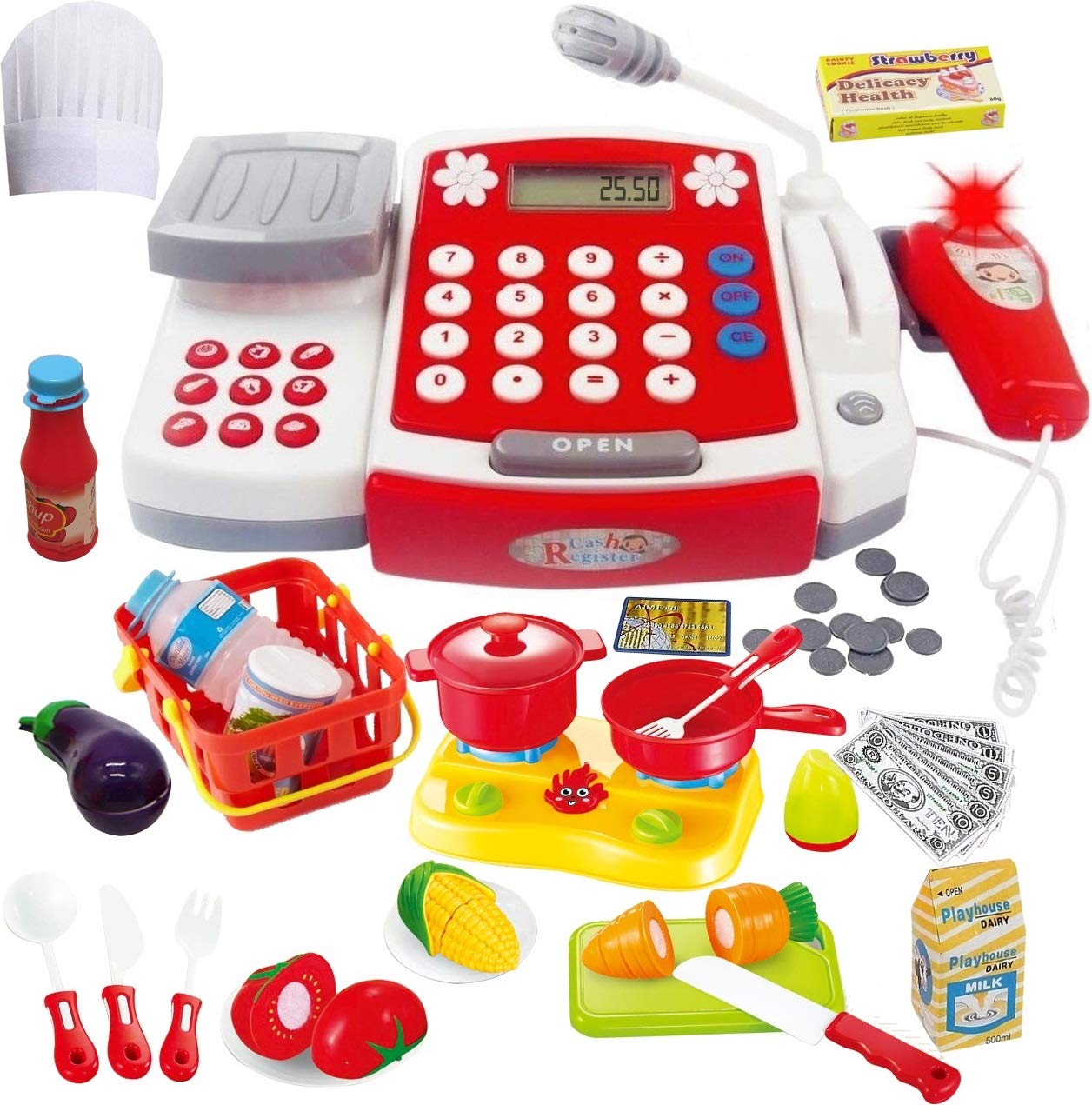 FUNERICA Toy Cash Register with Scanner Microphone Calculator