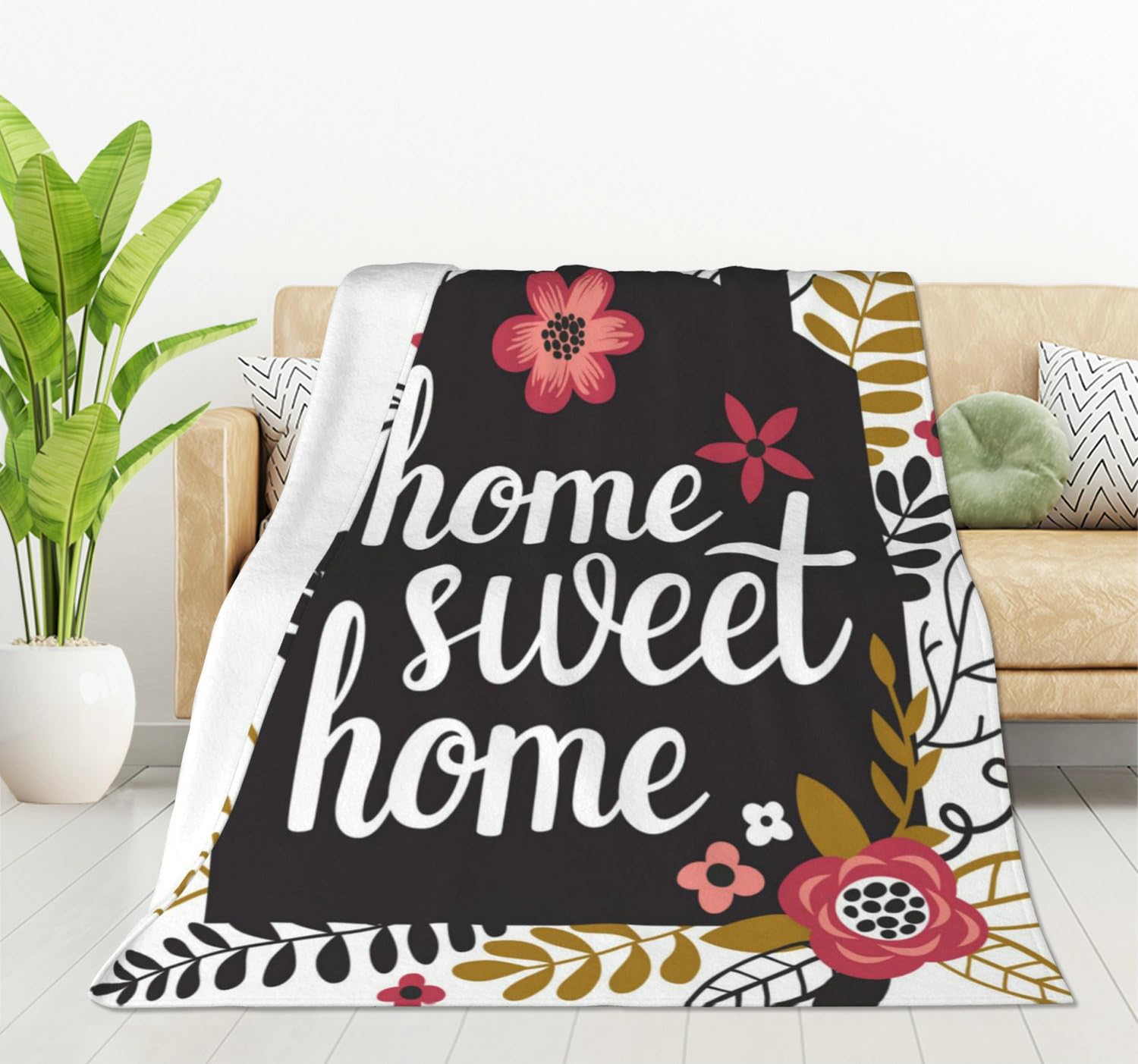 HGOD DESIGNS Floral Elements Home Sweet Home Flannel Fleece Bed Blanket Throw Blanket Lightweight Cozy Plush Blanket for Bedroom Living Rooms Sofa Couch 130x150cm