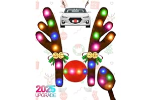 DERGO Christmas Reindeer Antlers Car Decoration Kit 2025, LED Lights Nose Vehicle with Jingle Bells Rudolph, Cute Costume Auto Holiday Accessories for SUV Van Truck Decor Multicolor