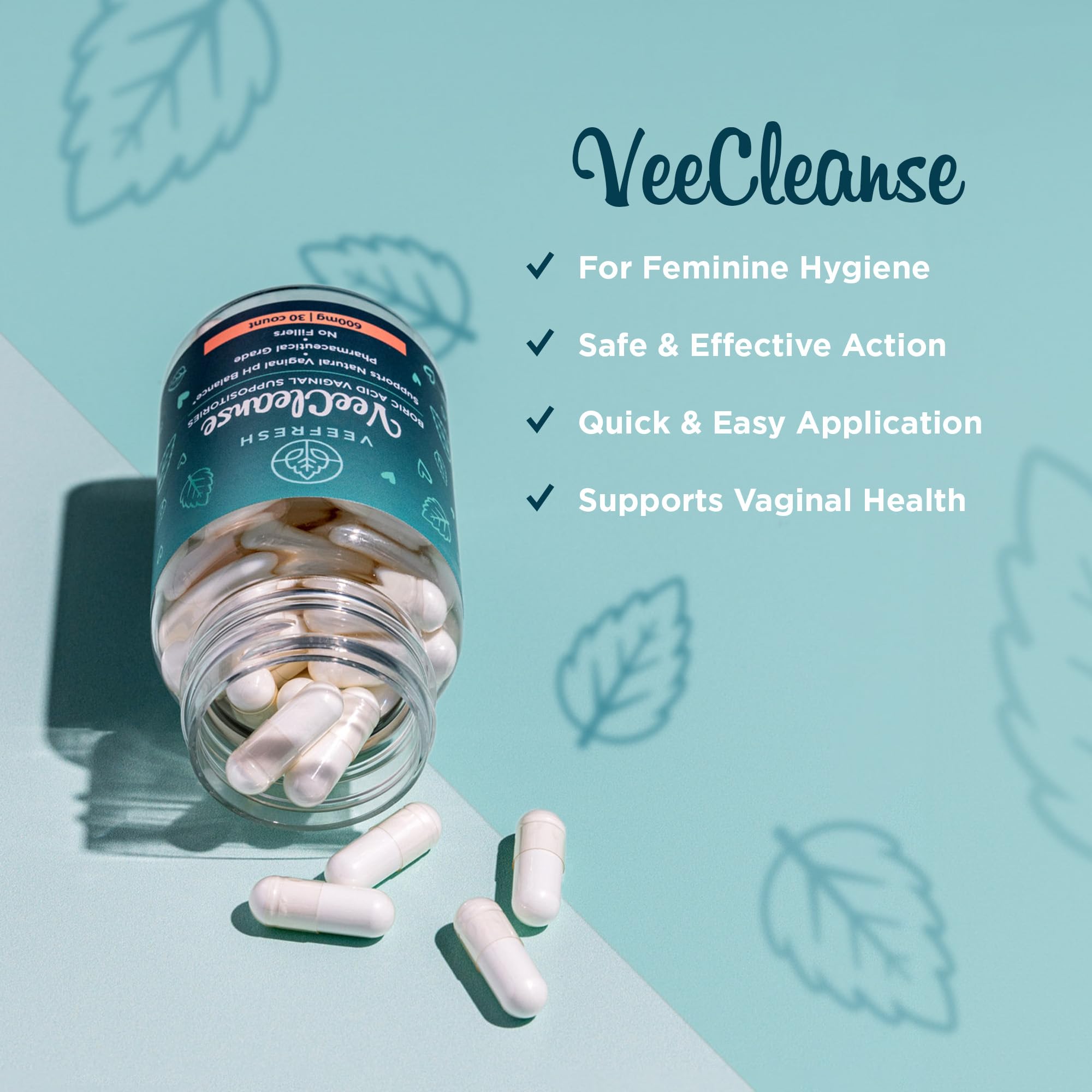 VeeFresh - VeeCleanse Boric Acid Vaginal Suppositories - Vaginal pH Balance Suppositories - Vaginal Odor Control - Feel Fresh, Feminine and Confident