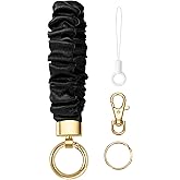 Scrunchie Keychain Wristlet, Stretchy Key Ring Bracelet for Women, Car Keys | Soft Polyester Fabric, Elastic Inner Band, Cute Scrunchie Design, 360-Degree Swivel, Gold-Tone Key Ring, White Phone Tether